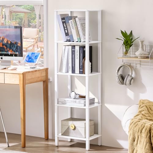 YUFAM 5 Tier Tall Narrow Bookshelf, Skinny Bookcase, Wooden Shelf, White | 54'' Tall Thin Book Shelf, Skinny Book Shelf for Modern Narrow Industrial Shelf fits Living Room, Office, Bedroom, Kitchen - color: White, size: 5-Tier