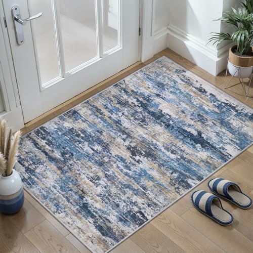 Tangsoo Abstract 2x3 Washable Rugs for Entryway, Small Area Rug Non Slip | Modern Low Pile Soft Throw Rugs, Contemporary Indoor Front Door Mat Rug for Entrance Entry Foyer Kitchen Blue Grey Home Decor - color: Blue/Grey/Brown, size: 2' X 3' (Rectangular)