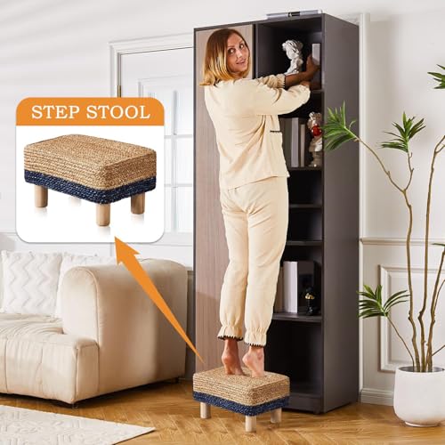 Wimarsbon Natural Seagrass Footstool Ottoman Rectangular Footrest Pouf Ottomans with Wooden Legs Hand Weave Step Stool for Living Room Bedroom Entryway Blue - color: Blue, size: 12"D x 16.5"W x 9.5"H