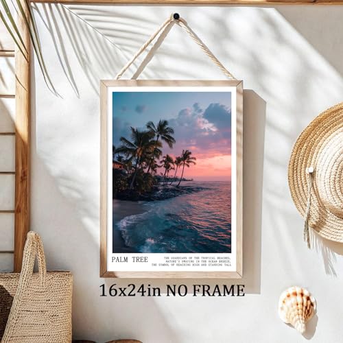 Pink Palm Tree Canvas Wall Art Coconut Tree Painting Tropical Plant Artwork Coastal Botanical Prints Pink Sky Poster Sunrise Sunset Picture Cute Preppy Summer Pictures for Home Room 16x24in Frameless - color: C5Unframed