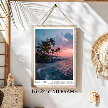 Pink Palm Tree Canvas Wall Art Coconut Tree Painting Tropical Plant Artwork Coastal Botanical Prints Pink Sky Poster Sunrise Sunset Picture Cute Preppy Summer Pictures for Home Room 16x24in Frameless - color: C5Unframed
