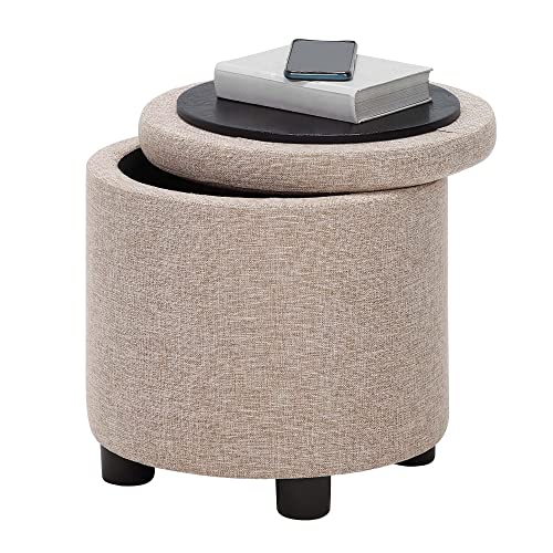 Designs4Comfort Round Accent Storage Ottoman with Reversible Tray Lid - color: Tan Fabric