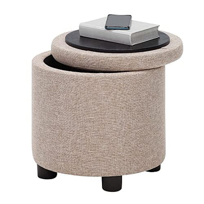 Designs4Comfort Round Accent Storage Ottoman with Reversible Tray Lid - color: Tan Fabric