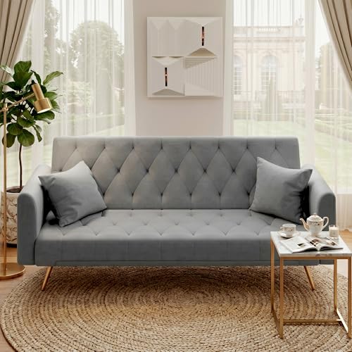 72''Modern Velvet Sofa Bed Futon,Convertible Folding Sleeper Couches with 3 Adjustable Backrests,Tufted Recliner Loveseat with Golden Chrome Legs for Living Room Apartment Office (Light Gray-new) - color: Light Gray-new