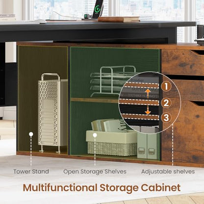 SEDETA 71" L Shaped Executive Desk with File Cabinet & Power Outlet | Computer Desk with 3 Storage Drawers, Adjustable Shelves, CPU Stand, Privacy Baffle, Modern Desk for Home Office, Brown - color: Brown