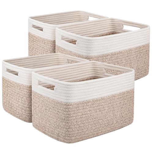OIAHOMY 4 Pack Storage Basket, 13"x9"x7.8" Cotton Rope Baskets for Shelves, Closet Organizer for Bedroom & Living Room, Soft Decorative Bins for Organizing Towels, Books & Toys, Brown & White - color: Brown & White