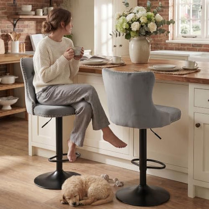 Velvet Bar Stool Set of 2, Adjustable Swivel Bar Stools with Black Metal Leg, Button Tufted, Footrest, Chrome Nailhead, Counter Height Chair for Kitchen, Bar, Dining Room (Grey) - color: Grey-black Leg, size: Set of 2