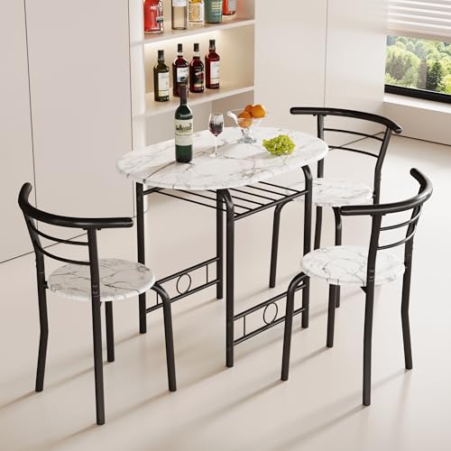 JUMMICO 3-Piece Wooden Round Table & Chair Set | Kitchen Breakfast Nook Wood Grain Tabletop with Metal Frame and Built-in Wine Rack for Kitchen, Dining Room (White/Black) - color: White/Black