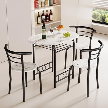 JUMMICO 3-Piece Wooden Round Table & Chair Set | Kitchen Breakfast Nook Wood Grain Tabletop with Metal Frame and Built-in Wine Rack for Kitchen, Dining Room (White/Black) - color: White/Black