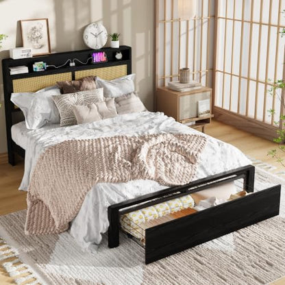 Garvee Full Wooden Rattan Bed Frame Bohemian with Storage and LED Lights | Cane Headboard with Charging Station, Wooden Slats, Noise-free, No Box Spring. Country Farmhouse Bed Frames Black - color: Black, size: Full