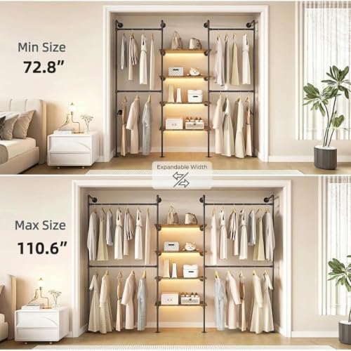 Expandable Industrial Pipe Clothing Rack with LED & Shelves | Heavy Duty Garment Rack with 4 Shelves & 4 Rods, Wall Mounted Closet Organizer for Bedroom, Laundry Room, Fits 72.8"- 110.6"