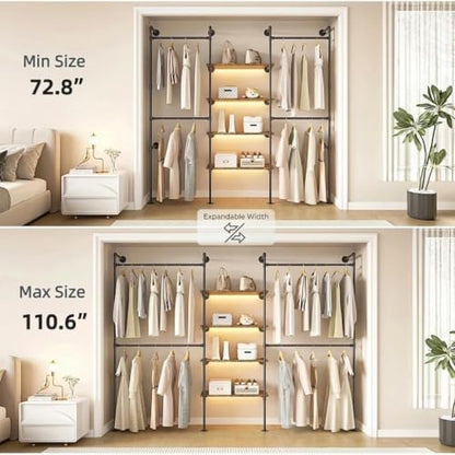 Expandable Industrial Pipe Clothing Rack with LED & Shelves | Heavy Duty Garment Rack with 4 Shelves & 4 Rods, Wall Mounted Closet Organizer for Bedroom, Laundry Room, Fits 72.8"- 110.6"