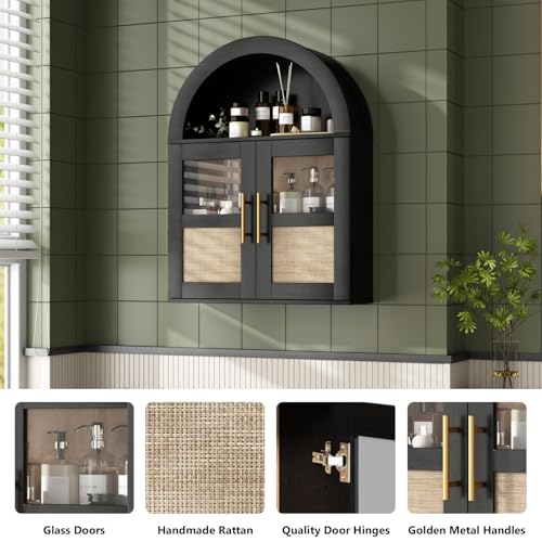 RUSTOWN Arched Bathroom Wall Cabinet with 2 Glass & Rattan Doors | Rattan Medicine Cabinet, Farmhouse Over the Toilet Storage Cabinet, Adjustable Shelves, 3-Tier Wall Mounted Cabinets - color: Rustic Black
