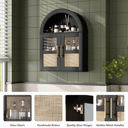 RUSTOWN Arched Bathroom Wall Cabinet with 2 Glass & Rattan Doors | Rattan Medicine Cabinet, Farmhouse Over the Toilet Storage Cabinet, Adjustable Shelves, 3-Tier Wall Mounted Cabinets - color: Rustic Black