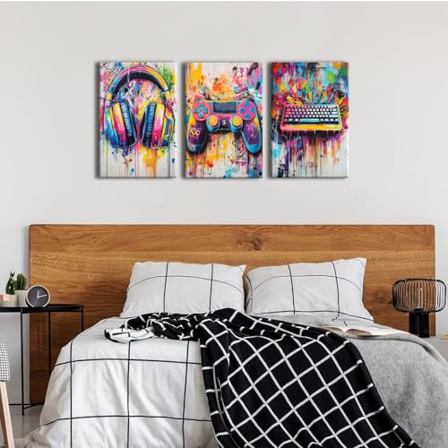 Gamer Wall Decor Graffiti Keyboard Gaming Wall Art for Teen Boy Game Room Decor Banksy Gamepad Headphones Canvas Posters Bedroom Playroom Street Pop Pictuers Modern Cool Painting Artworks 16x24" 3 Pcs - color: Game 2, size: 16"L x 24"W