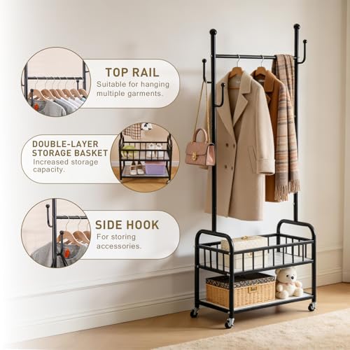 Free Standing Rolling Clothes Rack with Wheels Shoe Storage - Black | Small Narrow Cloth Hanger Garment Rack for Bedroom Livingroom Lab Dress Shirt Rack with Metal Basket and Shoe Storage Shelves - color: Black-2 Tier