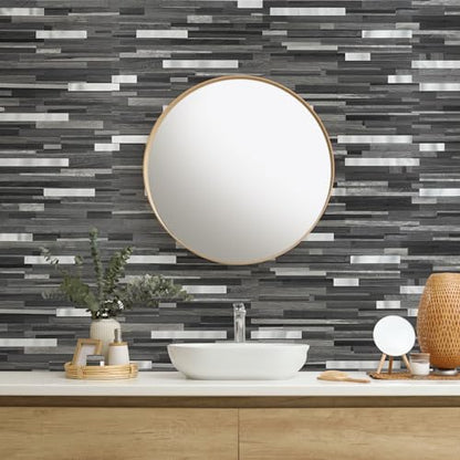 StyloVue 20 Sheets Peel and Stick Tile Backsplash, Black with Metal Gold Look Stick on Tile Upgrade Your Kitchen Backsplash, RV, Fireplace - color: Black Grey Wood With Metal Silver