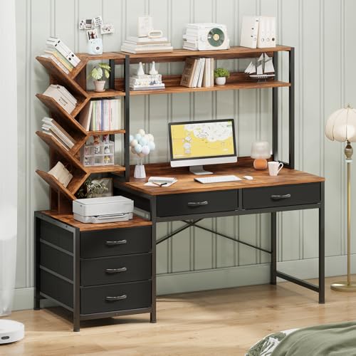 52" Computer Desk with Bookshelf, 5 Drawers ＆ Hutch for Bedroom | Office Desk with Printer Shelf, Study Writing Desk with Storage Shelves, Rustic Brown - color: Rustic Brown