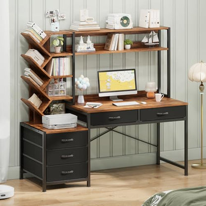 52" Computer Desk with Bookshelf, 5 Drawers ＆ Hutch for Bedroom | Office Desk with Printer Shelf, Study Writing Desk with Storage Shelves, Rustic Brown - color: Rustic Brown