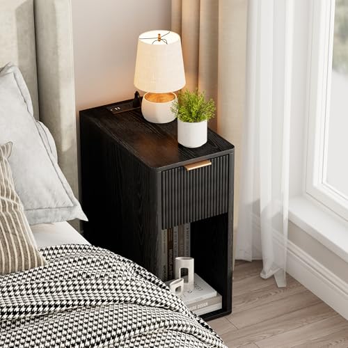 Homleke Narrow End Table with Fluted Drawer & Charging Station | Compact Nightstand with USB Ports & Outlets, Bedside Table for Bedroom, Living Room, Modern Accent Table, Black - color: Black