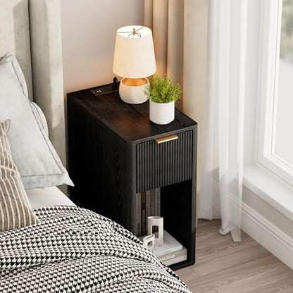 Homleke Narrow End Table with Fluted Drawer & Charging Station | Compact Nightstand with USB Ports & Outlets, Bedside Table for Bedroom, Living Room, Modern Accent Table, Black - color: Black