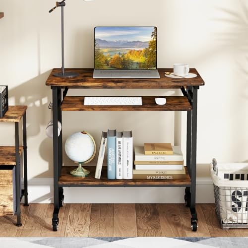 GIANTEX Rolling Computer Desk, Mobile Portable Desk with Keyboard Tray & Wheels, Laptop PC Table Cart with Shelf & Hooks, Industrial Small Desk for Small Spaces, Home Office, Bedroom, Rustic Brown - color: Rustic Brown