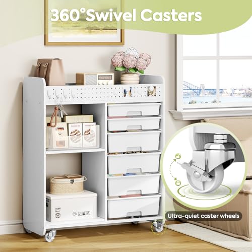 Rolling Craft Cart with 6 Drawers, Pegboard and Locking Wheels White | Ample multi-zone storage, 2 open shelves, art cart for classrooms, homeschool and offices, sturdy wood-metal frame - color: White