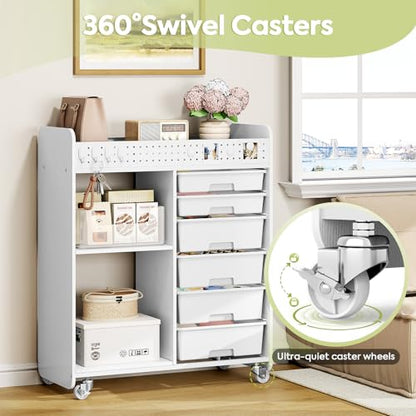 Rolling Craft Cart with 6 Drawers, Pegboard and Locking Wheels White | Ample multi-zone storage, 2 open shelves, art cart for classrooms, homeschool and offices, sturdy wood-metal frame - color: White
