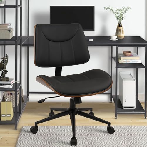 CLATINA Office Chair Armless with Wheels, Mid-Century Modern Walnut Desk Chair, Adjustable Height Reading Chair, PU Leather Mid Back & Swivel Computer Chairs for Home Meeting Room Bedroom, Black(2 PK) - color: Black Linear, size: 2 Pack