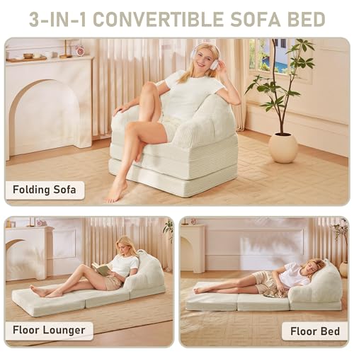 wanan Folding Sofa Bed, 3-in-1 Convertible Boneless Couch with Handle, Floor Lounger & Sleeper Chair for Adults, Comfy Folding Couch Single Sofa for Living Room Bedroom, Beige White - color: Beige White