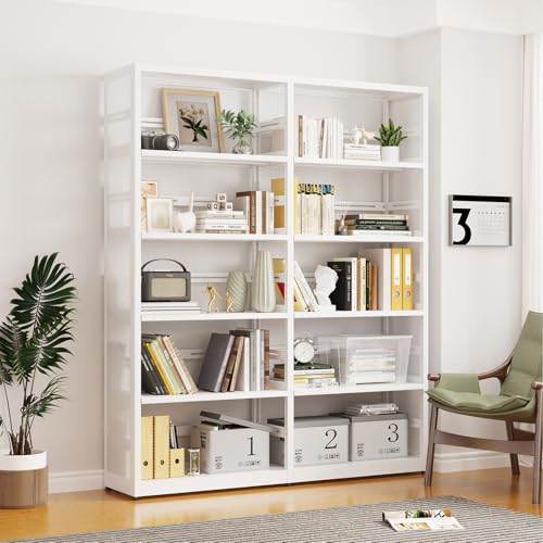 SteeLoong 5 Tier Bookshelf -Metal Bookcase with 4 Adjustable Shelves | White Storage Unit Organizer for Living Room, Office (1 Main Shelf + 1 Subframe Shelf) - color: White, size: 5-Tier 54"W