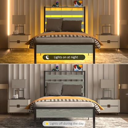 J.Fkne Twin Bed Frame with LED Lights & Charging Station, Metal Platform Bed with Headboard, Heavy Duty Metal Slats, No Box Spring Needed, Noise Free, Easy Assembly - size: Twin, style: Country