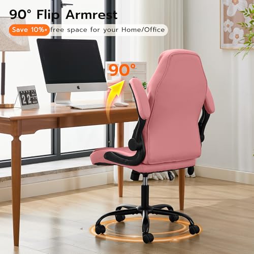Ylzyxal Office Desk Chair, Ergonomic Computer Chair with Padded Flip-Up Arms and Adjustable Lumbar Support, PU Leather Executive Chair with Tilt Lock and 360° Swivel Rolling Wheels for Work, Study - color: Pink