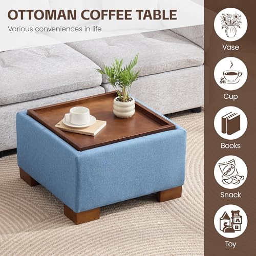 WUTUTUEE 24" Square Ottoman Coffee Table with Storage, Fabric Ottomans with Tray and Solid Wood Legs for Living Room, Bedroom and Apartments, Small Modern Ottoman Tea Table with Lift-Off Lid, Blue - color: 24'' Blue Fabric