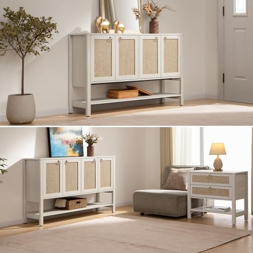 SICOTAS White Sideboard Buffet Cabinet with Rattan Doors, 55" Boho Credenza | White Boho Coffee Bar Cabinet with Open Shelf, Modern Farmhouse Credenza & Console Table for Entryway, Kitchen, Dining Room - color: White Cream Oak