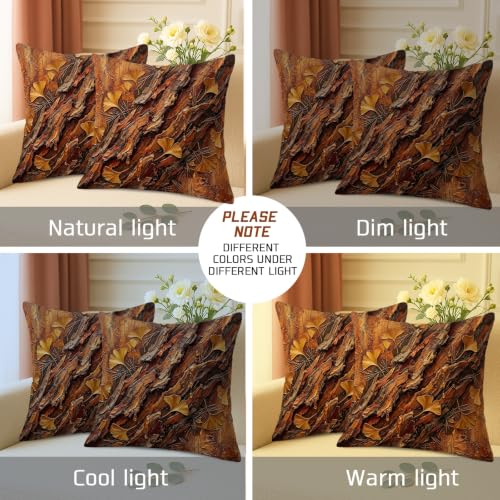 Ginkgo Leaves Throw Pillow Covers Set of 2, Natural Rustic Bark Texture Wood Grain Fall Brown with Hidden Zipper Pattern Pillow Covers for Living Room Bedroom Loft Office Car Decor 18x18 Inch - size: 18" x 18" (Pack of 2)