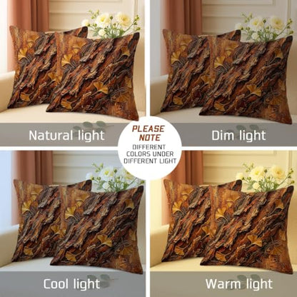 Ginkgo Leaves Throw Pillow Covers Set of 2, Natural Rustic Bark Texture Wood Grain Fall Brown with Hidden Zipper Pattern Pillow Covers for Living Room Bedroom Loft Office Car Decor 18x18 Inch - size: 18" x 18" (Pack of 2)