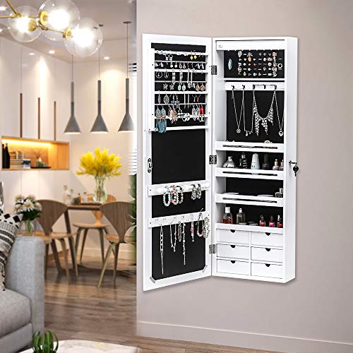 42.5" Wood Jewelry Mirror Cabinet,Wall or Door Mounted Jewelry Storage Cabinet,Space-Saving Large Jewelry Armoire Organizer,with Lock & LED Lights,for Living Room, Bedroom, Cloakroom (White) - size: 36.5x12.3x108cm