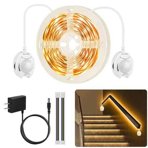 Dual Motion Sensor LED Light Strip 19.7ft Warm White for Stairs Bed Indoor | Motion Activated LED Strip Lights,Two-End Sensors,12v Dimmable Auto On/Off Night Lighting for Hallway Bedroom Cabinet Kitchen - size: 19.7ft--Two Motion Sensors
