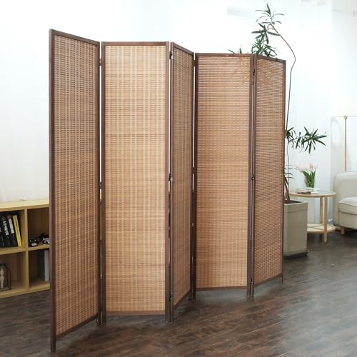 5 Panel Bamboo Room Divider - 5.6 ft Tall Folding Privacy Screen for Room Separation, Natural Brown Freestanding Partition Wall for Home Office (67" H x 76.75" W) - color: Brown, size: 5 Panel
