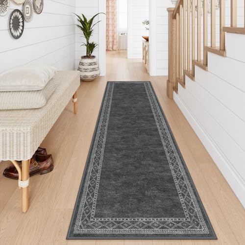 Lahome Modern Bordered Washable Runners for Hallways, Ultra-Thin 2.5x8 Kitchen Rugs Non Slip Washable Hallway Runner, No Shedding Soft Carpet for Bedroom Entryway Laundry(2.5'x 8',Gray) - color: Grey, size: 2' x 8'