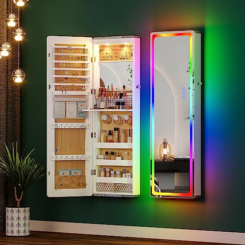 HNEBC Over the Door Jewelry Organizer with LED RGB Lights, 47.2" Full Length Mirror with Storage, Wall Mounted Jewelry Armoire, Hanging Mirror with 2 Drawers,Lokable,3 Shelves-White - color: A-White
