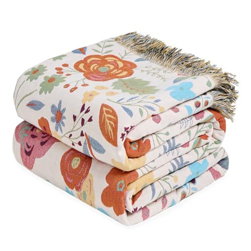 LUTBM Boho Throw Blanket for Couch 50"x60", Cotton Decorative Bed Throws | Reversible Floral Leaves Jacquard, All-Season Lightweight Soft Blankets, For Chair Sofa Bedroom Living Room Decor - color: Chic Floral, size: 50"×60"