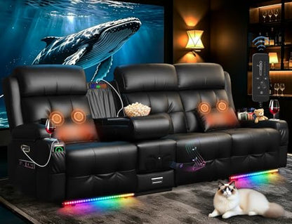Home Theater Seating, 3 Seat Power Loveseat Recliner Sofa with Heat Massage | Wall Hugger Reclining Loveseat with USB, RV Couch with LED Lights, Flip Backrest, Cup Holders for Movie Theater, Gaming Room - color: Black, size: 92" - 3 Seats