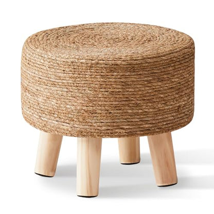 Cpintltr Foot Stool Natural Seagrass Hand Weave Poufs Round Ottoman for Couch Desk Soft Step Stool Padded Foot Rest with Non-Skid Pine Legs for Hallway Office Lounge Natural - color: Natural