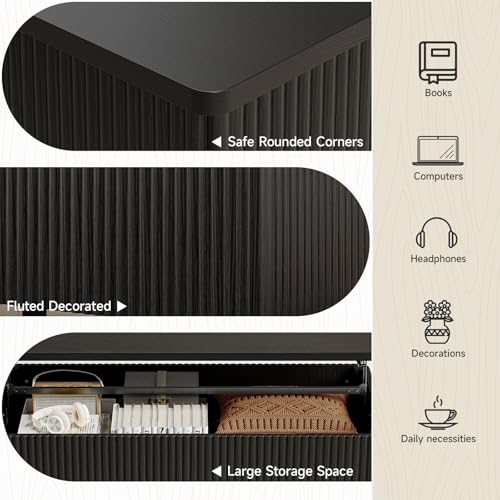 Fluted Lift Top Coffee Table with Storage, Mid Century Modern Coffee Table with Hidden Compartment, Rising Top Wood Center Table for Living Room, Home Office, Rounded Edges (Black) - color: Black