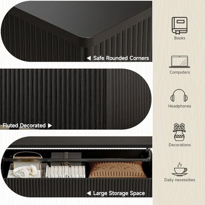 Fluted Lift Top Coffee Table with Storage, Mid Century Modern Coffee Table with Hidden Compartment, Rising Top Wood Center Table for Living Room, Home Office, Rounded Edges (Black) - color: Black