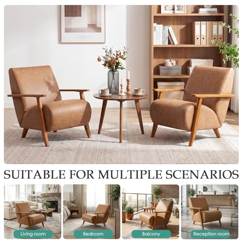 Home Accent Chair Mid Century Modern Accent Chair with Wood Frame, Faux Leather Upholstered Armchair, Reading Chair, for Living Room, Bedroom,Office,Comfy Guest Waiting Room Chairs Brown - color: Brown, size: Faux Leather