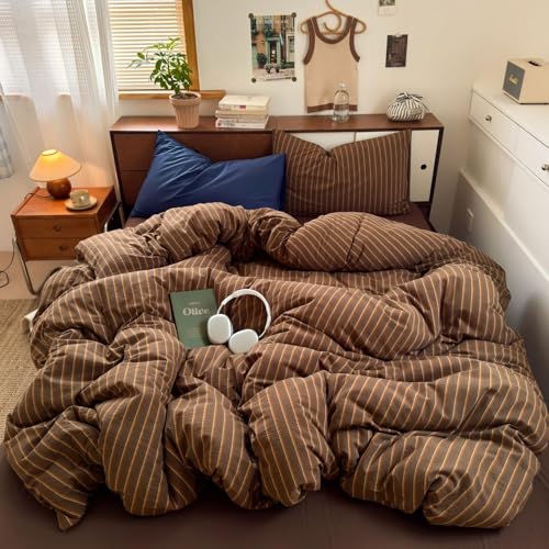 Brown Striped Duvet Cover Twin Size Retro Stripes Bedding Set Vintage Vertical Stripe Soft Lightweight Microfiber Comforter Cover Set with Zipper Closure and 1 Pillowcase - color: Brown, size: Twin (1 Duvet Cover + 1 Pillowcase)