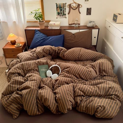 Striped Duvet Cover King Size Brown Stripes Bedding Set 3 Pieces Retro Vertical Stripe Soft Lightweight Microfiber Comforter Cover Set with Zipper Closure and 2 Pillowcases - color: Brown, size: King(1 Duvet Cover + 2 Pillowcases)